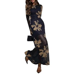 Verdusa Women's Floral Mesh Maxi Dresses Elegant Formal Long Sleeve Spring Wedding Guest Dress Cocktail Dark Blue, Small