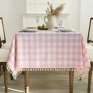Romanstile Spring Pink Gingham Tablecloth Rectangle, Outdoor Waterproof Heavy Duty Linen Cotton Checkered Table Cloth with Tassel, Wrinkle Free Plaid Table Cover for Easter Picnic - 55 x 120 Inch