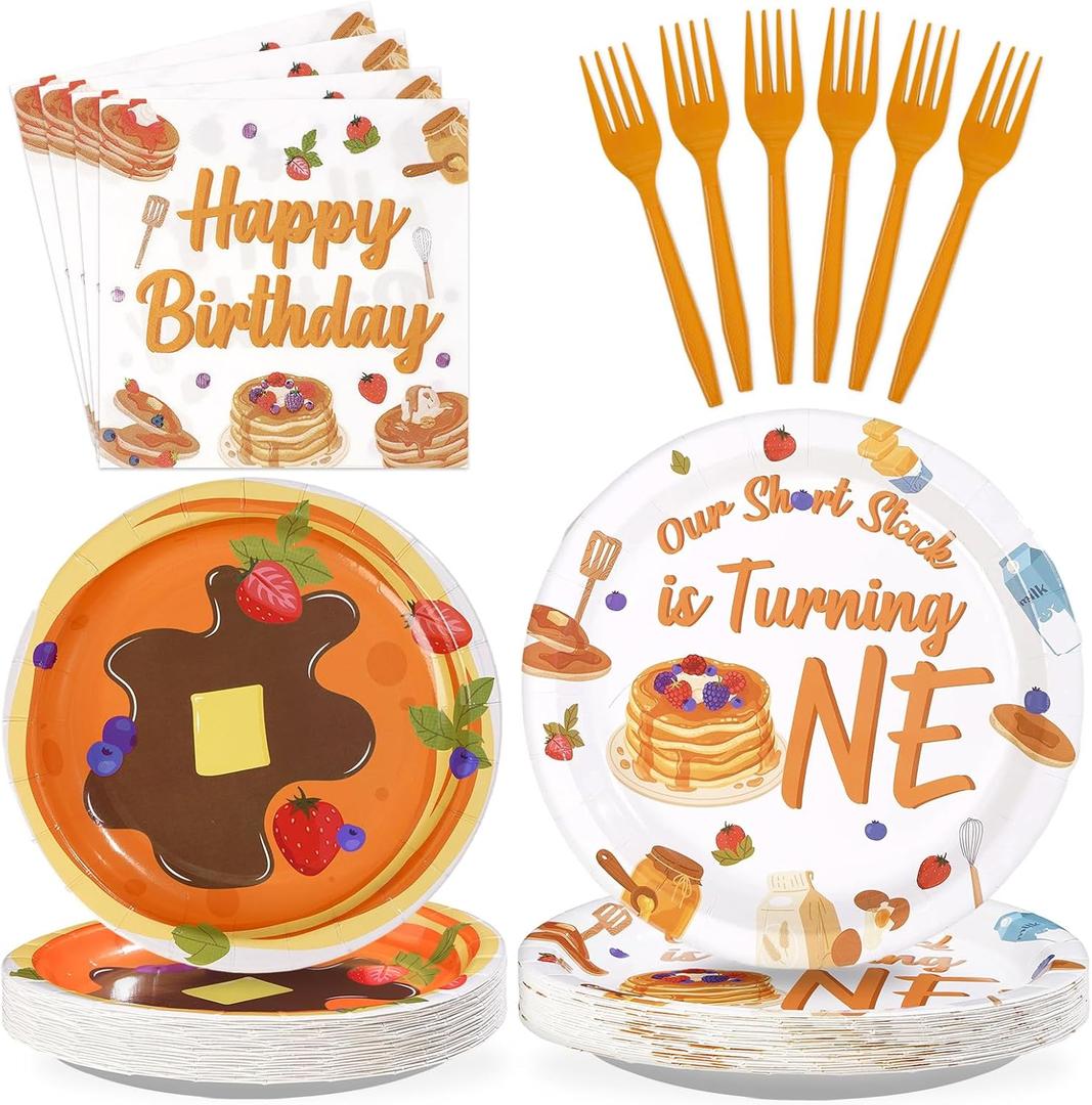 96Pcs Pancakes 1st Birthday Party Decorations, Serves 24 | Pancakes Plates and Napkins Our Short Stack is Turning One Tableware Set for Breakfast Pancake 1st Birthday Party Supplies