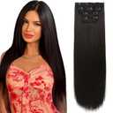 REECHO 28" Straight Super Long 4 PCS Set Thick Clip in on Hair Extensions Black Brown