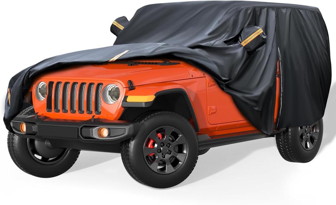600D Waterproof Car Cover Custom Fit for Jeep Wrangler 4 Door (2007-2025) JL JK TJ YJ CJ, Outdoor Car Cover Waterproof All Weather for Automobiles Sun Rain Snow Protection with Door Zipper