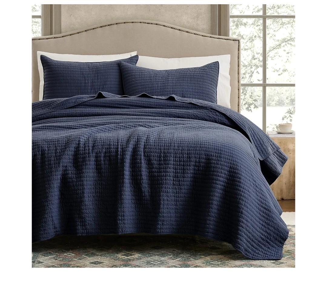 WDCOZY 100% Cotton Queen Size Quilt Set - Navy Blue Striped Pick Stitch Soft Lightweight Bedspread, Textured Like Linen, Farmhouse Country Rustic Coverlet, Shabby Chic Gauze Bedding, 3 Pieces