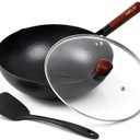 12.6 Inch Carbon Steel Wok Pan with Glass Cover, Pre-Seasoned Nonstick Flat Bottom Wok for Chinese Cooking, Woks & Stir-Fry Pans Cookware, Compatible with Induction, Electric, Gas & Halogen