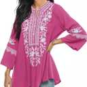 Traditional Mexican Embroidered Peasant Tops for Women, Plus Size Vintage Floral Tunic Shirts, Flowers Embroidery Blouses (3X-Large, Rose)