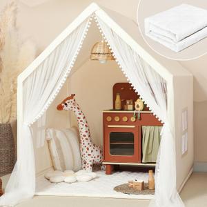 Monobeach Kids Tent Beige Play Tent with Long Mesh Curtain Large Playhouse for Indoor Outdoor Play Cottage Castle Toy for Girls Boys House Gift (Beige Kids Play Tent with Mat)