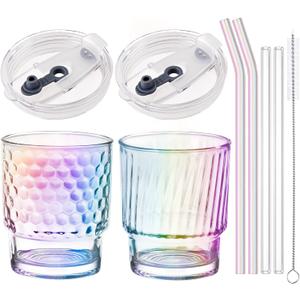 NiHome Glass Tumblers with Straws and Lids, Iridescent Iced Coffee Cup Drinking Glassware with Wide Mouth, Rainbow Glass Drinking Jars for Beer, Whiskey, Cocktail, Beverages & Soda Drinks, 2PCS 12oz