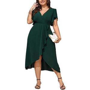 Women Plus Size Maxi Dress Short Sleeve Wrap V Neck Dress High Low Split Long Dress (Emerald Green) XL