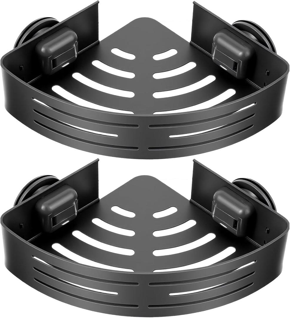 2 Pack Corner Shower Caddy Suction Cup Rust-proof aluminum alloy With 4 hooks No drilling required Removable Waterproof Bathroom Storage Rack for Shampoo, Shower Gel, Razors (gunmetal gray)