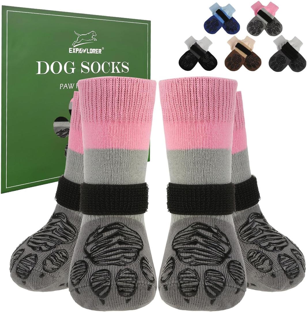 EXPAWLORER Anti Slip Dog Socks to Prevent Licking Paws, Dog Shoes for Hot Pavement, Dog Booties for Hardwood Floors, Dog Boots & Paw Protectors with Grippers for Small Medium Large Senior Dogs Pink M