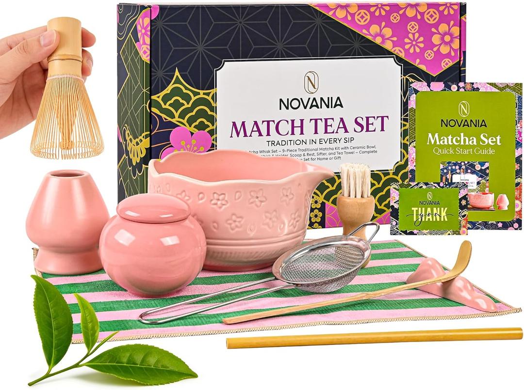 NOVANIA Pink Matcha Whisk Set - 10Pcs Premium Japanese Bamboo Matcha Kit with Bowl, Whisk Holder, Scoop, Sifter, Scoop Holder, Tea Cloth, Canister, Straw and Brush - Complete Set for Tea Lovers