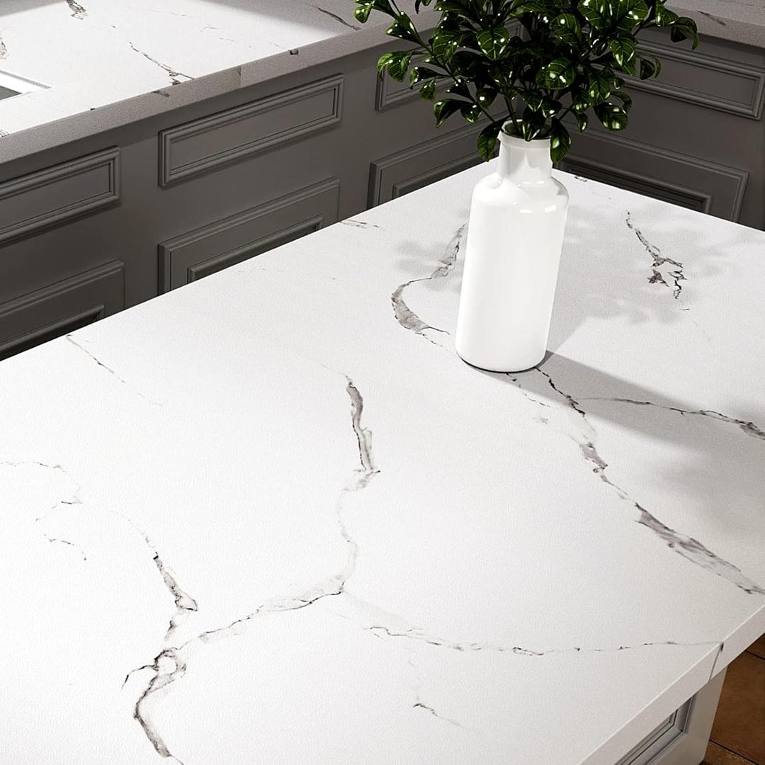 Stickyart Thick Matte White Marble Contact Paper Peel and Stick for Countertops Cabinets Waterproof Self Adhesive Removable Marble Wallpaper Peel and Stick for Kitchen Table Shelf Drawer Liner, Size: 12" x 317"