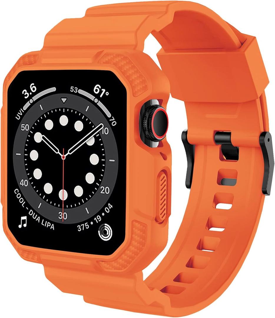 OROBAY Rugged Band Compatible with Apple Watch Band 45mm/44mm/42mm with Case, Shockproof Strap for iWatch SE3 SE2 SE Series 9/8/7/6/5/4/3/2/1 with Bumper Case Cover Men Women, Orange