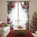 Christmas Ball Holiday Printed Curtains, 2 Pieces 2D Flat Printed Red Luxury Xmas Print Curtains with Snowflakes and Pine Branches for Bedroom Living Room Holiday Party Decor(white)7x3 ft