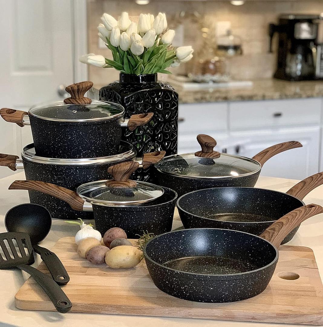 Kitchen Academy Induction Cookware Sets - 12 Piece Cooking Pan Set, Granite Black Nonstick Pots and Pans Set, 12 Pcs Cookware Set