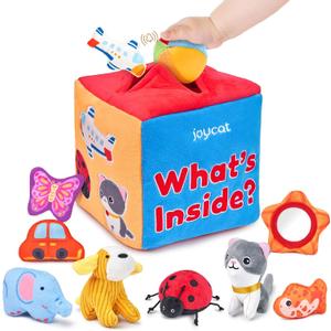 JoyCat Baby Toys 6-12 Months - Mystery Soft Box with 10 Sensory Objects, Rattle, Crinkle Paper, Mirror - What's Inside Box Infant Gifts, Soft Busy Toys 1-2 - Baby Birthday Gifts Boy Girl Chirstmas