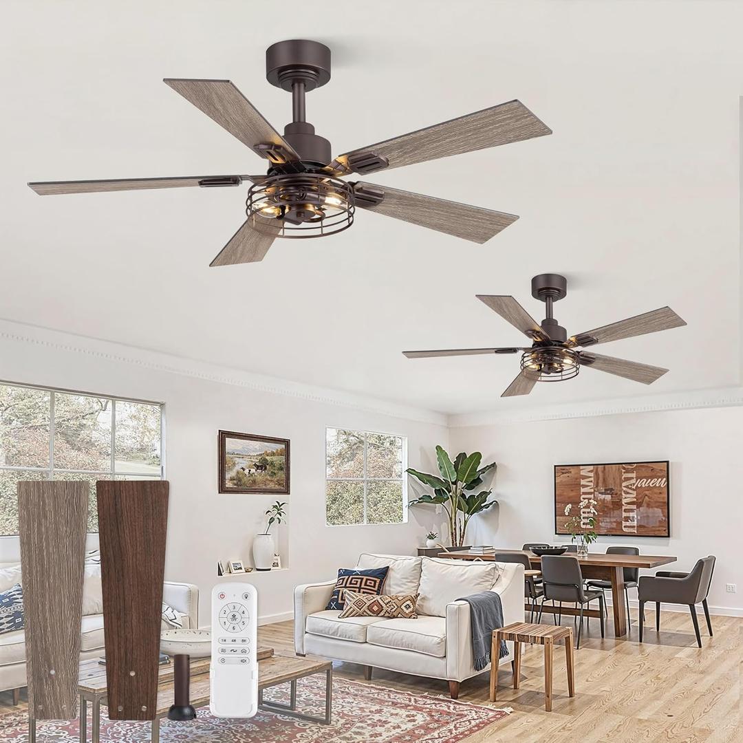 Fanbulous 2 Pack Farmhouse 42 Inch Ceiling Fans with Lights, Industrial Caged Ceiling Fans for Bedroom Living Room, Double-Sided 5 Blades Rustic Ceiling Fan-Oil Bronze