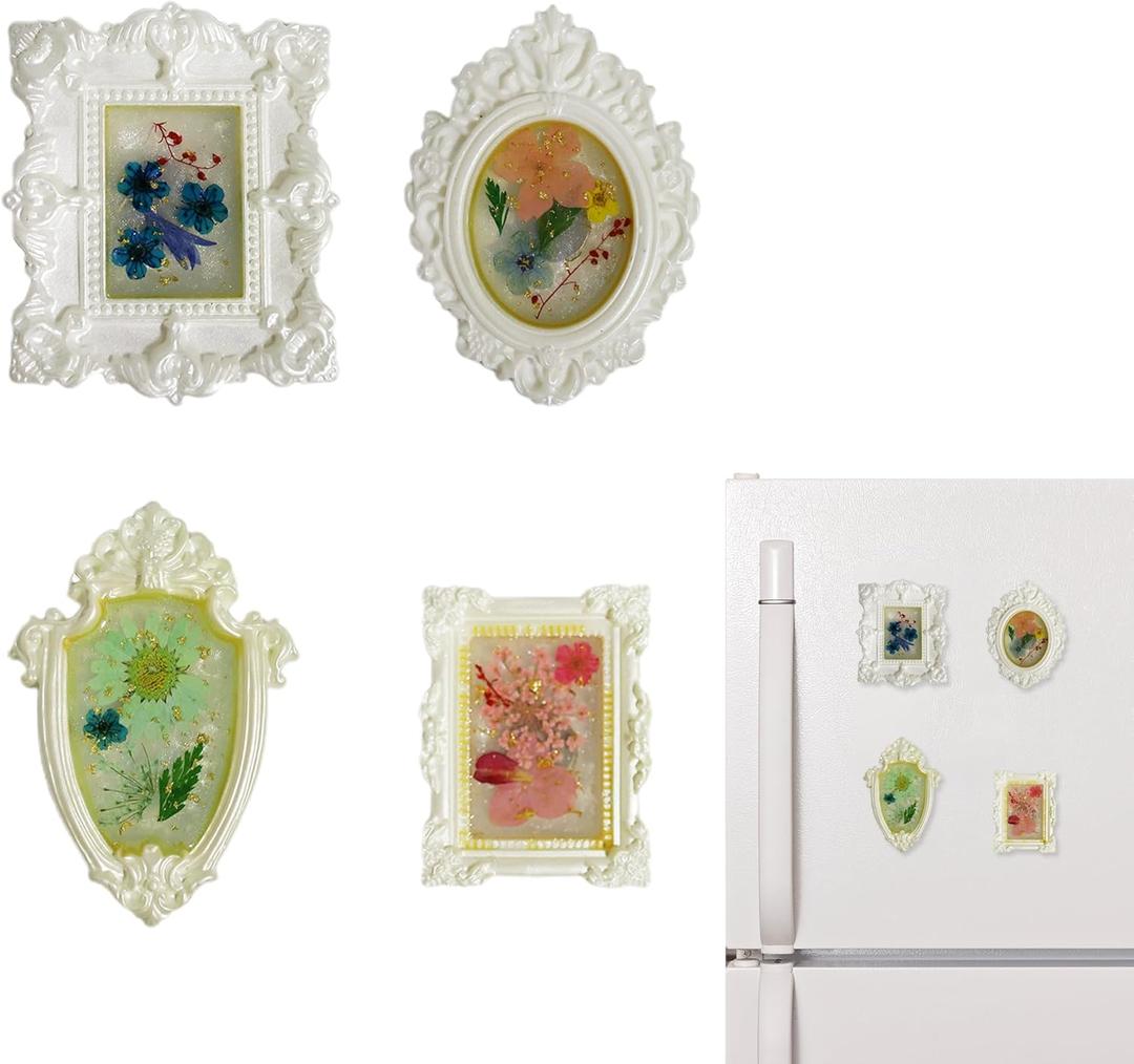 4-Pack Vintage Fridge Magnets Frame 3D Epoxy Flowers, Handmade Resin Magnetic Picture Frame Decor (White)
