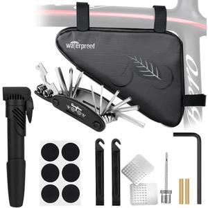 WOTOW Bike Tire Repair Tool Kit, Waterproof Frame Storage Bag & Mini Bike Pump & 16 in 1 Multitool & Bicycle Tyre Lever Patch Portable Repair Tool Accessories Set for Road Mountain BMX Cycling