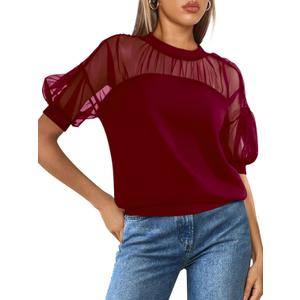 PRETTYGARDEN Women's 2025 Summer Crew Neck Short Sleeve Shirts Lace Going Out Sheer Mesh Crop Tops Dressy Casual Blouses (Red, M)