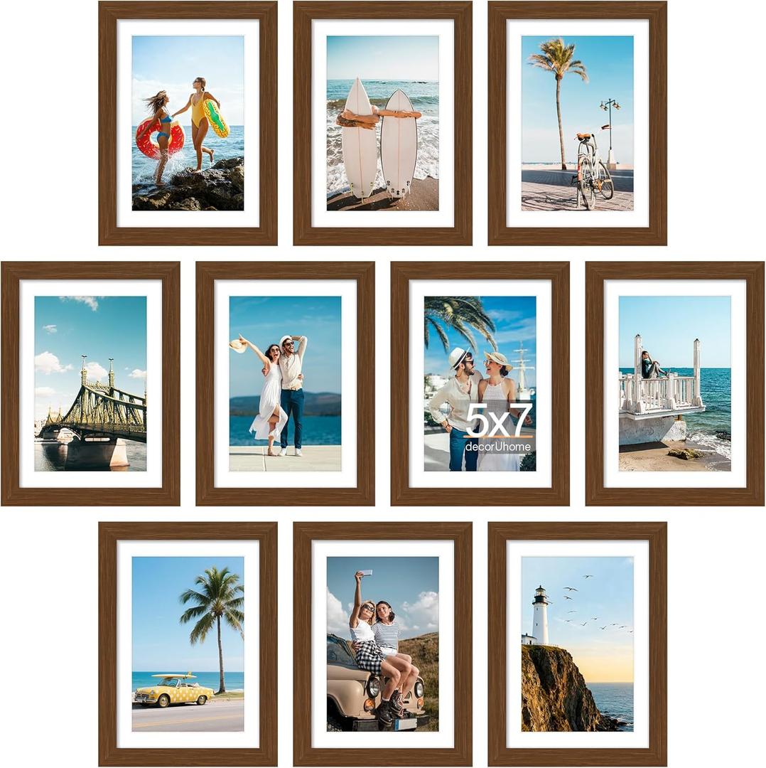 decorUhome 5x7 Picture Frame Set of 10, Display Photos 4x6 with Mat or 5x7 Unmatted for Picture Frames Collage Wall Decor, Brown