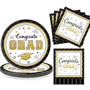 2 x Class of 2026 Graduation Paper Plates and Napkins Set, Black Gold 9 Inch Disposable Plates Napkins Serves 20, Graduation Party Supplies Table Decorations, 9inch and 6.5inch
