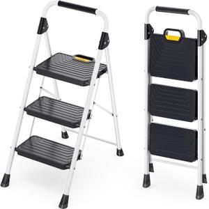 KINGRACK Sturdy Steel 3 Step Ladder, Folding Step Stool with Handrail, Anti-Slip Wide Pedals, Safe-Lock Design, Pass 800lbs Load Testing, Portable Ladder for Multi-Purpose in Home, Kitchen, White