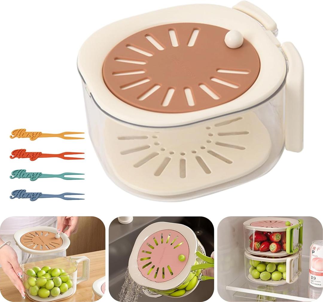 Fruit Strainer,2 In 1 Draining Basket,Fruit Strainer Container With Lid,Drain Basket With Folding Handle,Suitable for Washing Fruits and Vegetables (Brown)