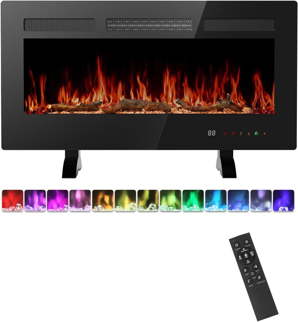 Sweetcrispy 36 Electric Fireplace Insert, Wall Mounted & Recessed Fireplace, 1500W Freestanding Fireplace Heater with Remote & Touch Panel Control, Adjustable Flame Effect, 12H Timer for Indoor use (Dark)
