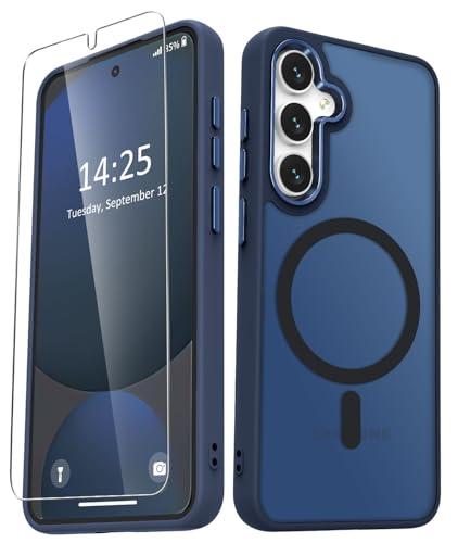 for Samsung Galaxy S24 FE Case, Matte Magnetic Phone Case with 1 Screen Protector, Support for Magsafe, Translucent Frosted Slim Shockproof Protective Cover for Samsung Galaxy S24 FE, Navy Blue