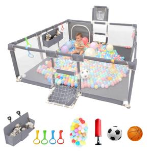 Playpen for Babies and Toddlers,73"x71"Baby Playpen with Mat IndoorOutdoor with Breathable Play Pen with Ocean Balls Hanging Pocket Basketball Hoop and Football Goal (Grey, 73"x71")