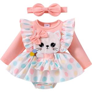 Baby Girl Clothes Fall Winter Newborn Romper Outfits Infant Cute Cartoon Long Sleeve Dress Headband 12-18 Months