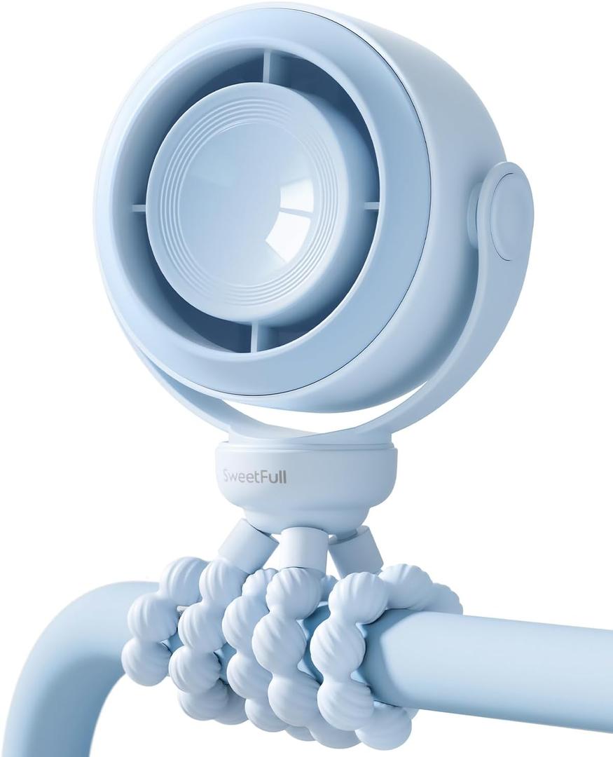 SWEETFULL Portable Stroller Fan, Pinch-Proof Baby Fan, 5-Speed Quiet Mini Clip on Fan, USB-C Rechargeable Battery, LED Display for Car Seat, Crib & Travel - Blue