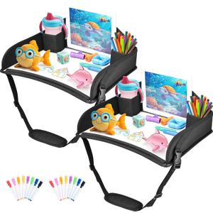 2Pcs Kids Travel Tray for Toddler Car seat, Road Trip Activities Essentials for Toddler, Kids Lap Desk Tray with Tablet Holder Stand Dry Erase Board (Black-2 Pcs)