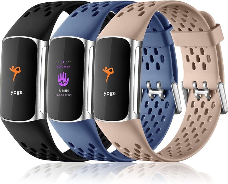 Maledan Compatible with Fitbit Charge 5/ Fitbit Charge 6 Bands Women Men, Breathable Sport Band Soft Waterproof Replacement Wristbands Strap for Fitbit Charge 5/ Charge 6 Advanced Fitness Tracker (Milk Tea/ Black/ Blue Gray)