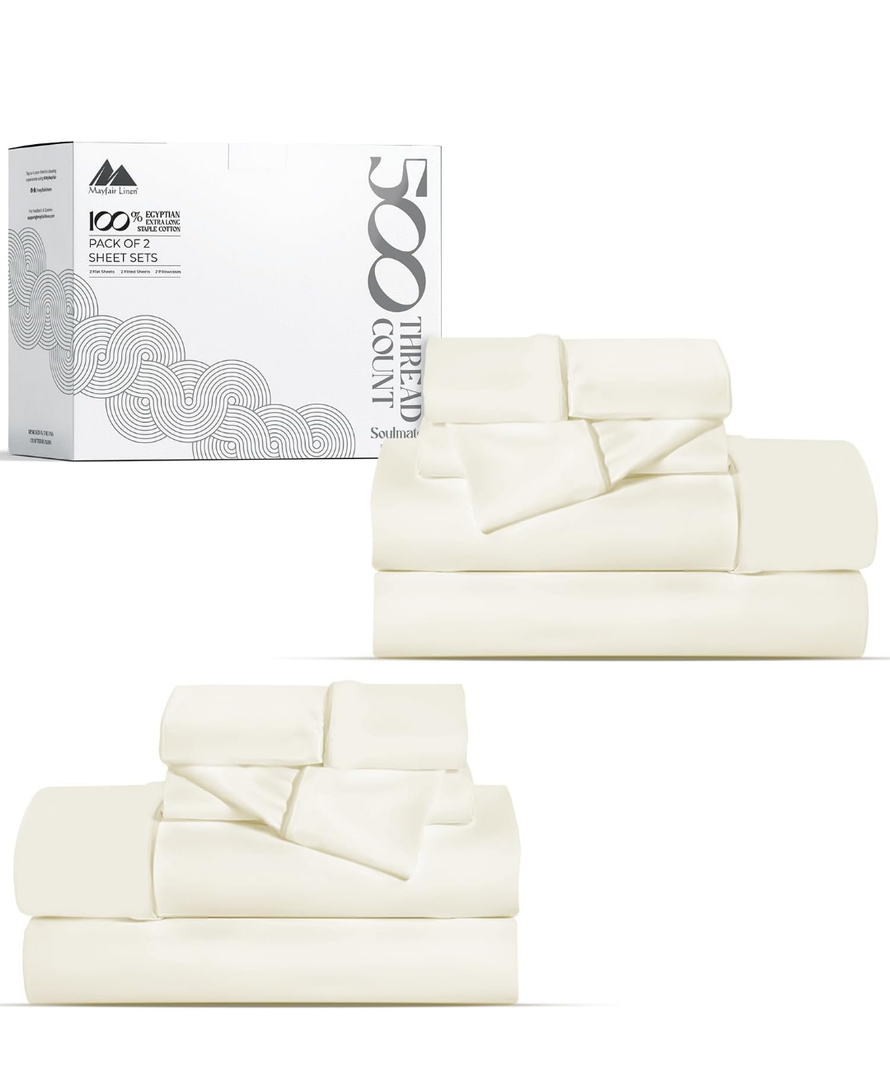 Mayfair Linen 100% Cotton Bed Sheets Twin Sheet Set - 500 Thread Count Sheets Twin Size 3 PC Set (Ivory), Soft, Cooling, Hotel-Quality 16" Deep Pocket Sateen Weave Cotton Bedsheet for Dorm Room