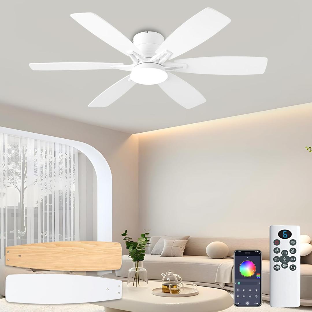 52inch White Ceiling Fans with Lights and Remote/App Control, Low Profile Ceiling Fan with Light and 6 Double-Side blades, Flush Mount, LED/RGB Dimmable DC Reversible Modern Ceiling Fan