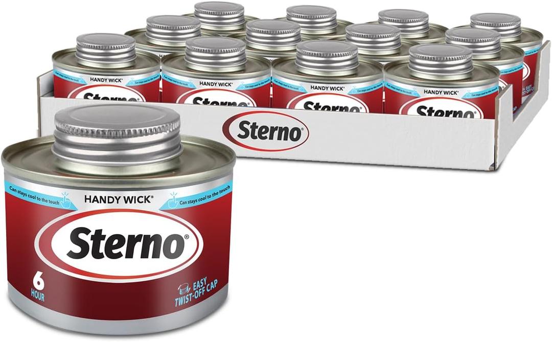 Sterno Fuel Cans - 6-Hour Burn, (12-Pack) Professional Safe Warmers for Food Trays & Buffet Set Chafing Dishes - Reusable Gel Burners, Twist Chafer Canned Heat, Handy Wick