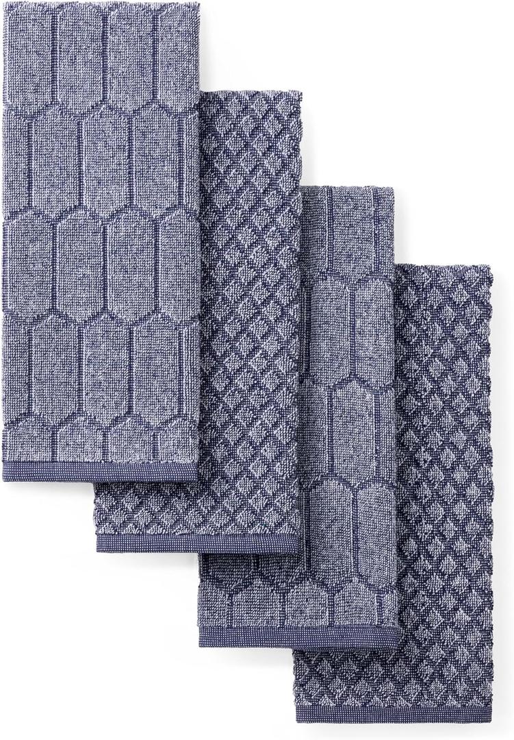 Martha Stewart Honeycomb Chambray Textured Kitchen Towel 4-Pack Set, 100% Cotton with Absorbent Terrycloth, Decorative Kitchen Towels, Navy Blue, 16"x28"