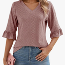 Womens 3/4 Flutter Sleeve Tops V Neck Shirts for Business Casual Loose Tunic Work Dressy Blouses S