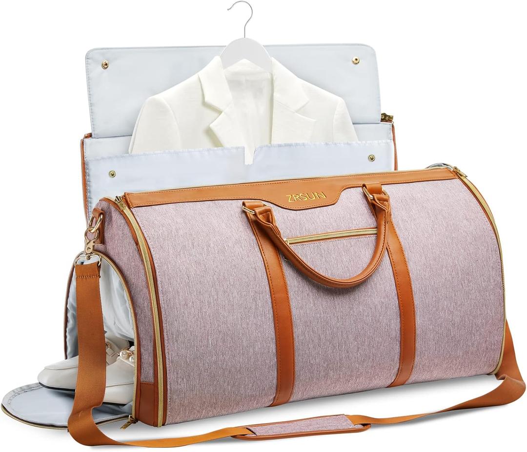 Garment Bag for Travel, Convertible Carry-On Duffel with Shoe Compartment, Waterproof & Wrinkle-Free Suit Carrier for Business Trips & Weekend Getaways, Foldable & Lightweight (Pink)