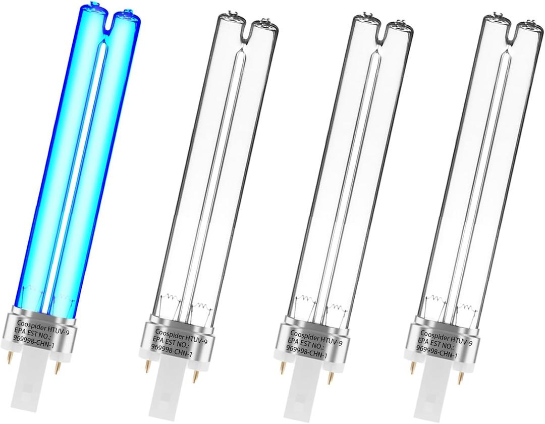 Coospider-repta 4 Pack 9 WATT UVC PL-S9/TUV G23 Base Replacement UV Light Bulb for Outdoor Pond Clarifier Compatible with JUP-01 UVE9 CF400 CF500 UVCP-9 UV Light for Aquarium