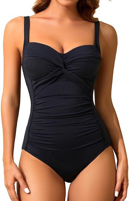 Holipick Women Tummy Control One Piece Swimsuit Slimming Bathing Suit Push up Twist Swimwear Black L