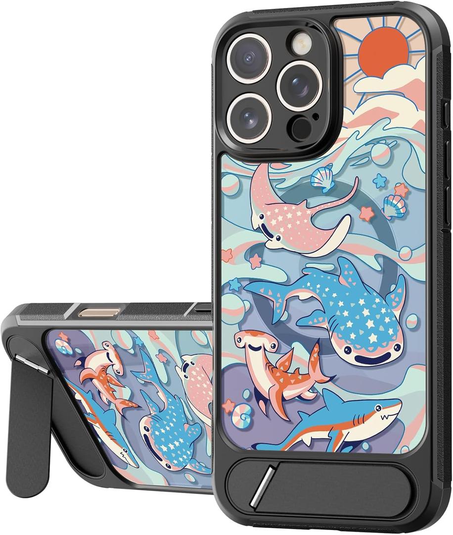 3 x Bouvardia for iPhone 16 Pro Max Case - Multi-Scenario Kickstand & Ocean Whale Shark Pattern - Compatible with Magsafe - Aesthetic Cute Design for Women and Girls