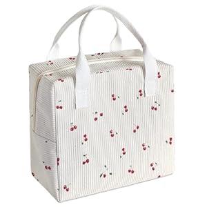 Dawuyu bow lunch box for women and men, insulated fabric lunchbag for work, leakproof adult lunchbox, cooler lunch tote bag for offices college picnic travel outdoor (Little Cherry)