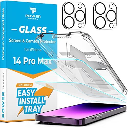 Power Theory Designed for iPhone 14 Pro Max Screen Protector and Camera Lens Protectors with Easy Install Kit [Premium Tempered Glass], [9H Hardness] 2+2 Pack, Set of 3