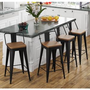 Bar Stools Set of 4 Metal Bar Stool Counter Height Bar Stools 26" Black Modern Bar Chairs with Back and Wooden Seat Bar Stool Counter Height
