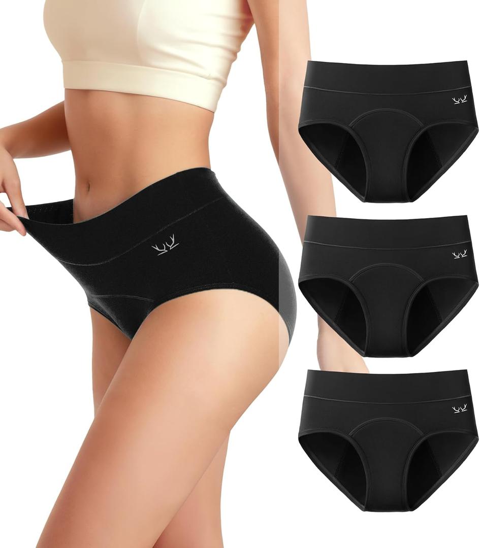 Women's Period Underwear Heavy Flow, High Absorbency Cotton Panties LeakProof Postpartum Menstrual Briefs Women Teens (Large, Black-3pcs-g3)