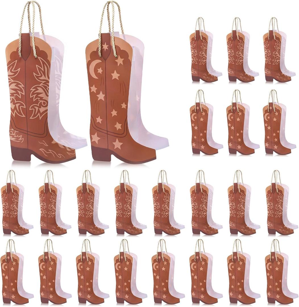 ForraFun 24 Pcs Plastic Cowboy Boots Gift Bags Western Theme Party Decorations Favors Wild West Rodeo Cowgirl Goodie Bag with Handles for Cowboy Birthday Bachelorette Baby Shower Party Supplies
