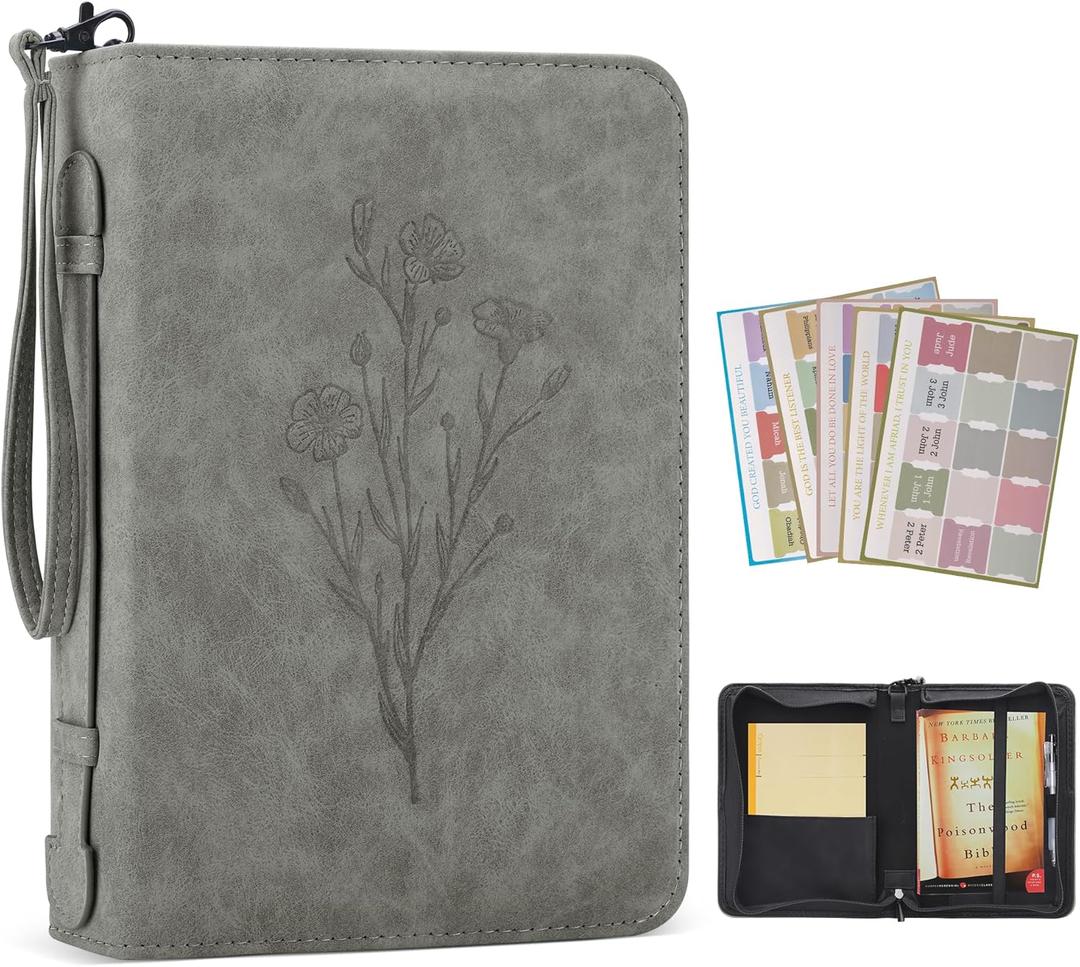PU Leather Bible Cover Case for Men and Women - Large Waterproof Protective Case With Handle, Carrier Tote Bag With Christian Accessories Gifts (Gray 6#, M)