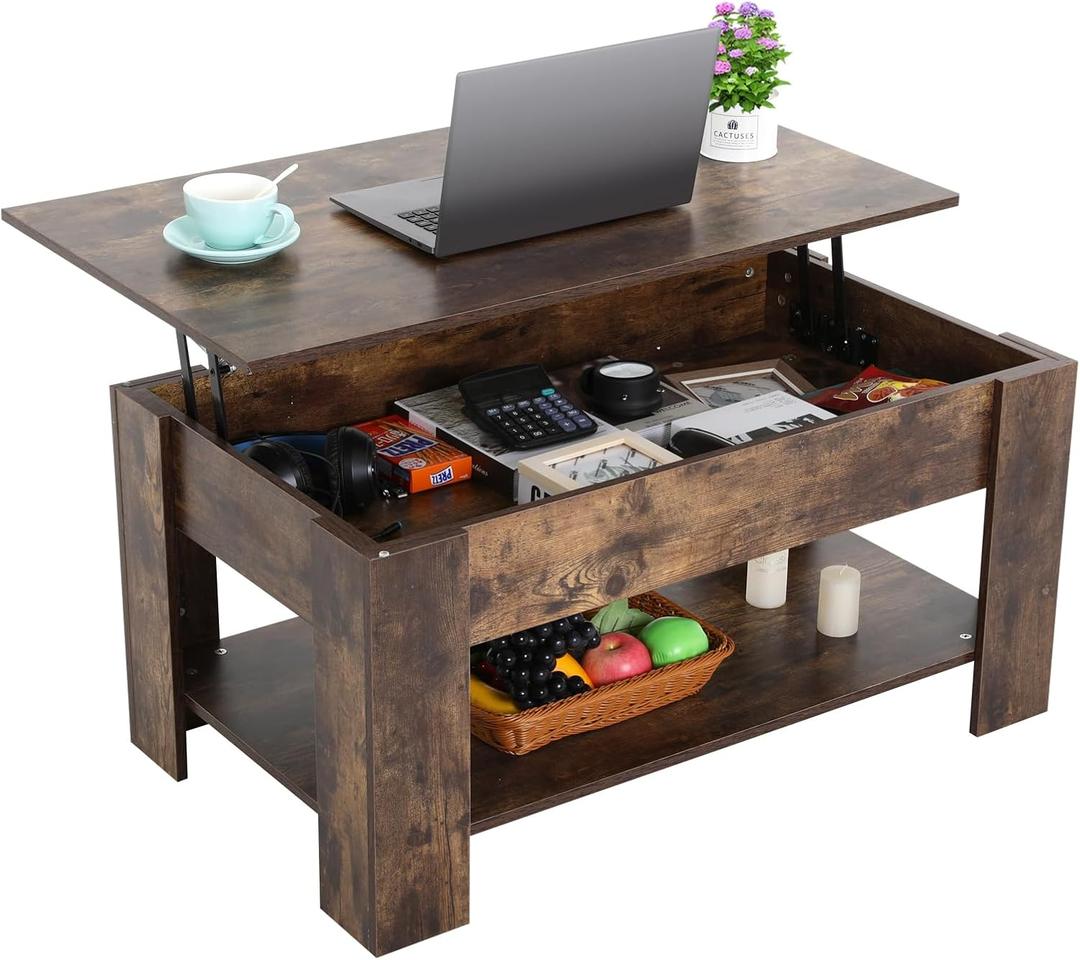 PIKAQTOP Wooden Lift Top Coffee Table with Hidden Compartment and Storage Shelf - Versatile and Stylish Rectangle Table for Living Room (Brown)